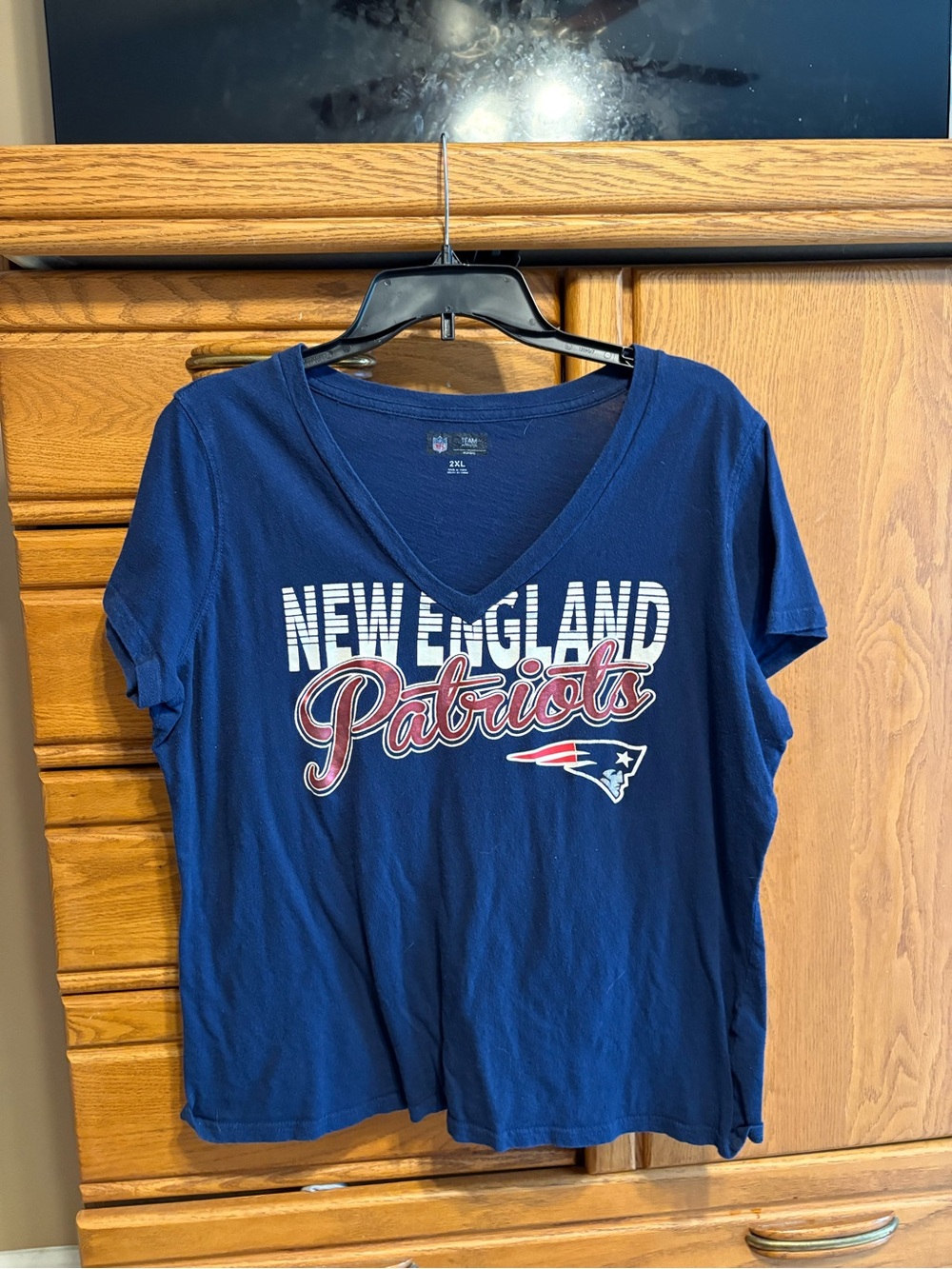 NFL New England Patriots Navy V-Neck Tee with Red & White Logo
